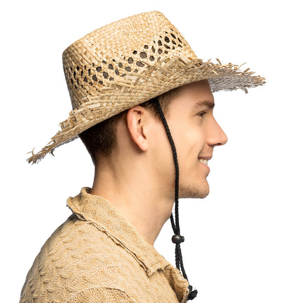 Strooien cowboyhoed Palm breeze van opzij gedragen, met zwart kinkoord en schuifkraal voor een westernfeest