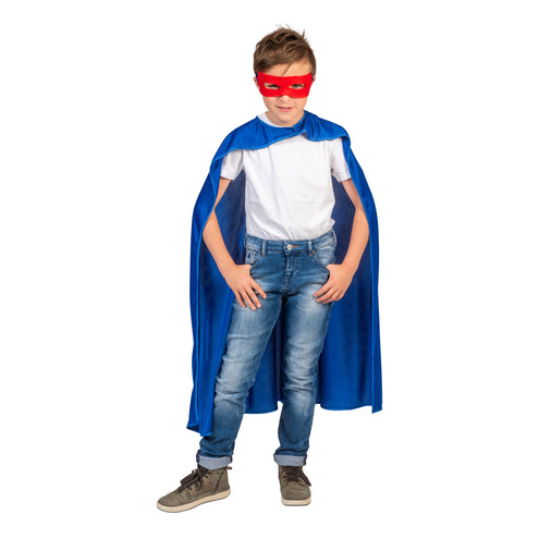 Super Hero kostuum Jerome kinderen blauw: blauwe cape met rood oogmasker, vooraanzicht