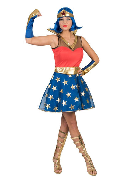 Superwoman jurk dames met rood lijfje, gouden staande kraag en blauwe rok met gouden sterren