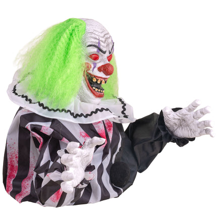 Tafelclown animatronic van opzij met gestreepte mouw en zwarte pompon