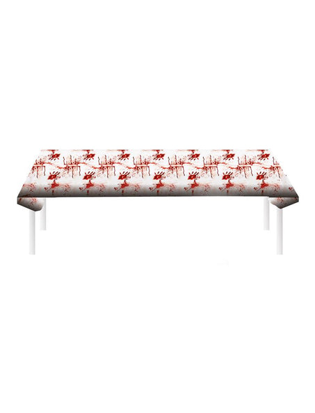 Tafelkleed met print bloederige handen in wit met rode handafdrukken, over een tafel gelegd voor Halloween