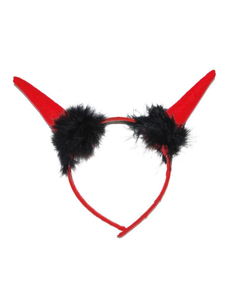 Tiara duivel hoorntjes met veertjes, rode hoorntjes met zwarte marabou op een smalle rode haarband