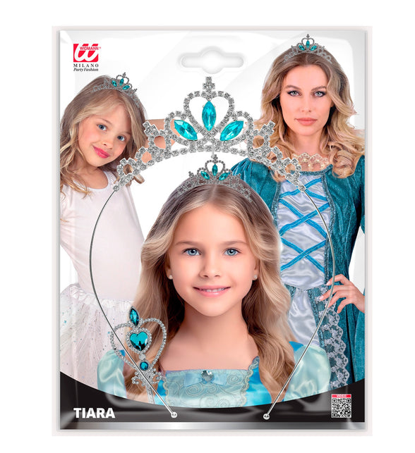 Tiara strass met blauw edelstenen in verpakking, kroontje met heldere strass voor een prinsessenfeest