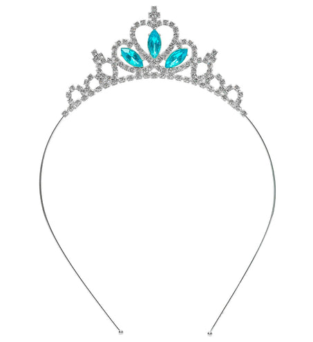 Tiara strass met blauw edelstenen, zilverkleurig kroontje met drie turquoise stenen op dunne haarbeugel