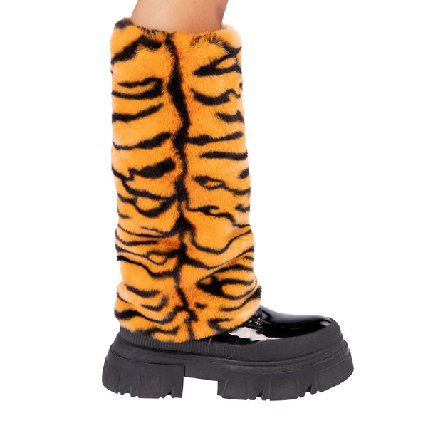 Tijger beenwarmers oranje met zwarte strepen, harige beenkap van onder de knie tot over de schoen, voor carnaval