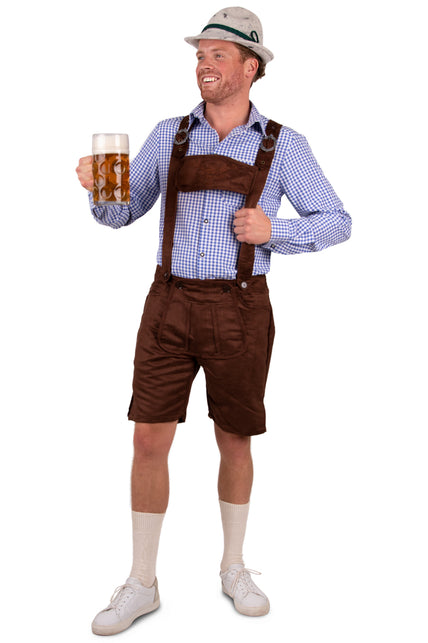 Tiroler blouse blauw/wit op een bierfeest, ruitpatroon zichtbaar op mouw en voorpand