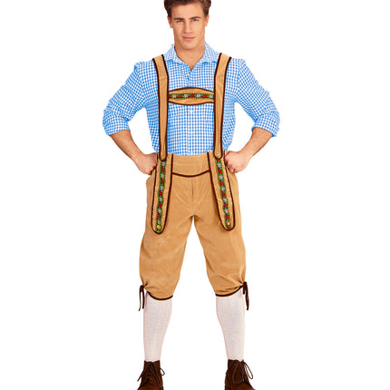 Tiroler broek beige met knoopjes op de bretels en siergalon langs de klep