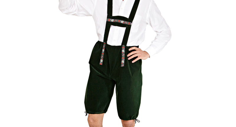 Tiroler broek lederhose groen met bretels en bloemenband, gedragen op Oktoberfest