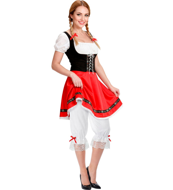 Tiroler broek wit met kant, witte kniebroek met kanten zoom onder rode dirndlrok, voor Oktoberfest