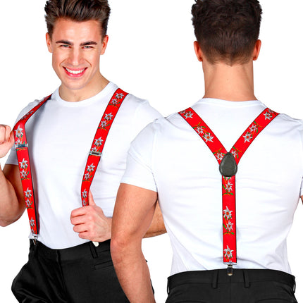 Tiroler Edelweiss bretels rood voor- en achterkant met Y-rug en zwart middenstuk