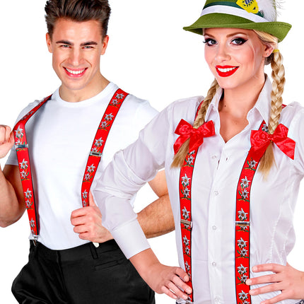 Tiroler Edelweiss bretels rood gedragen door dame en heer over wit overhemd