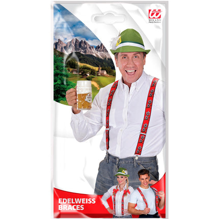 Tiroler Edelweiss bretels rood in verpakking met Beiers berglandschap, voor Oktoberfest