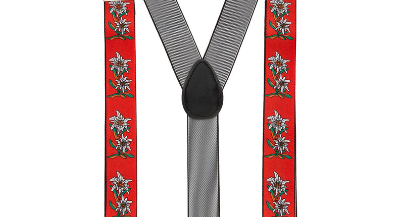 Tiroler Edelweiss bretels rood met witte edelweissprint, Y-model met drie metalen clips
