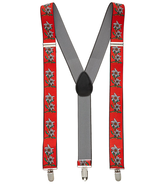 Tiroler Edelweiss bretels rood met witte edelweissprint, Y-model met drie metalen clips