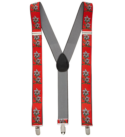 Tiroler Edelweiss bretels rood met witte edelweissprint, Y-model met drie metalen clips