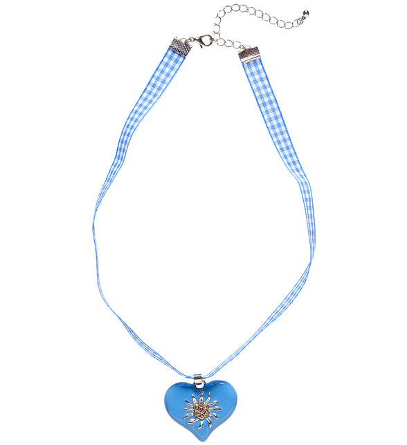 Tiroler halsketting met blauw-wit geruit lint en azuurblauw hartje voor Oktoberfest