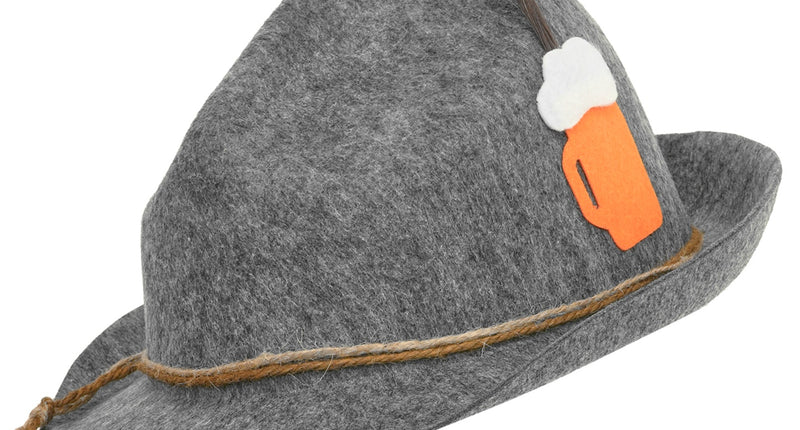 Tiroler hoed bierpul deluxe in grijs met bruin gevlochten koord, oranje bierpul en veertje
