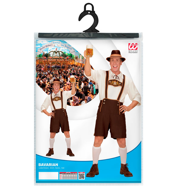 Tiroler kostuum heren in verpakking met maattabel van S tot XXXL voor Oktoberfest