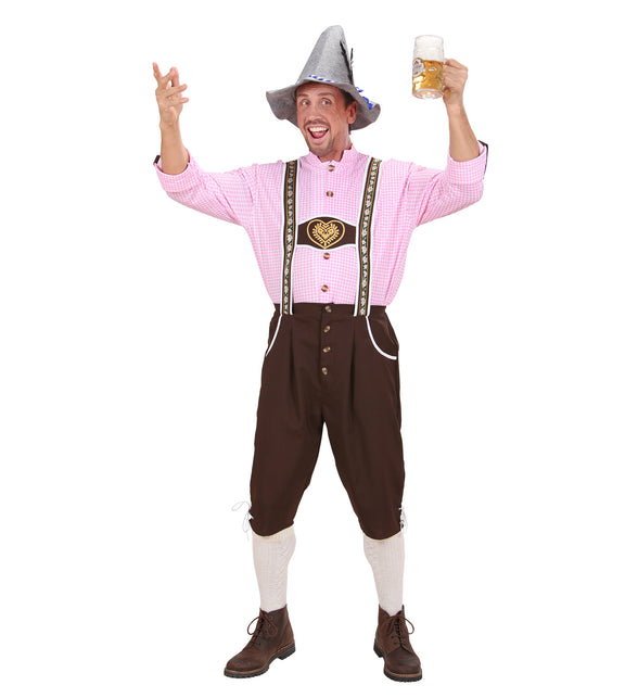 Tiroler oktoberfest kleding Mario met roze-wit geruite blouse en bruine kniebroek voor heren op Oktoberfest