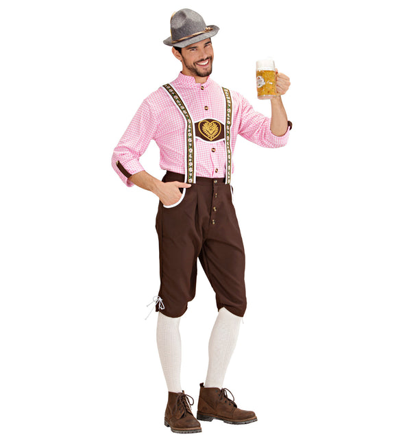 Tiroler oktoberfest kleding Mario schuin gezien, bruine kniebroek met witte biezen en knoopsluiting