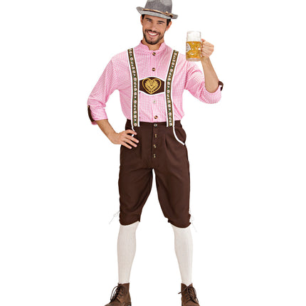 Tiroler oktoberfest kleding Mario vooraanzicht met opgedrukte bretels en bruin hart met goudkleurig motief