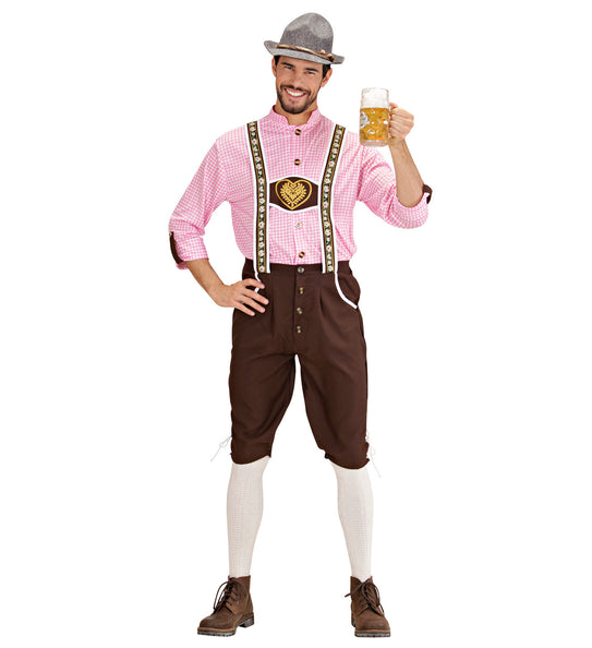 Tiroler oktoberfest kleding Mario vooraanzicht met opgedrukte bretels en bruin hart met goudkleurig motief