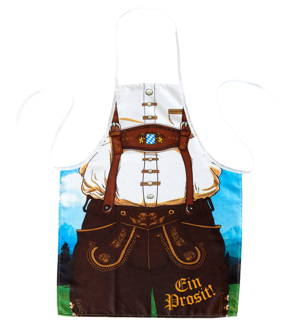 Tiroler schort met lederhose-opdruk, witte halsband en tekst Ein Prosit in oranje letters, plat gefotografeerd