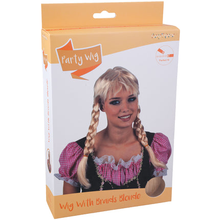 Tirolerpruik Grätel met vlechten in de verpakking van Funny Fashion met blond haarstaal