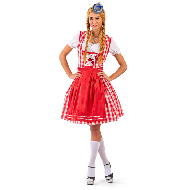 Tiroolse Odette dirndl in rood-wit ruit met rode schort en wit shirt, dameskostuum voor Oktoberfest