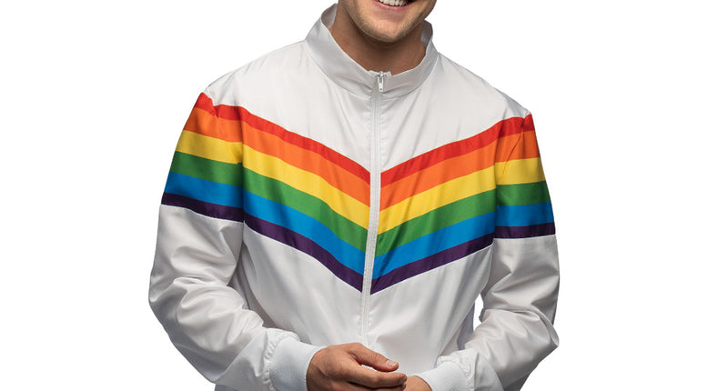 Trainingsjasje Rainbow dude heren, wit met regenboogstrepen over de schouders, voor Pride Party