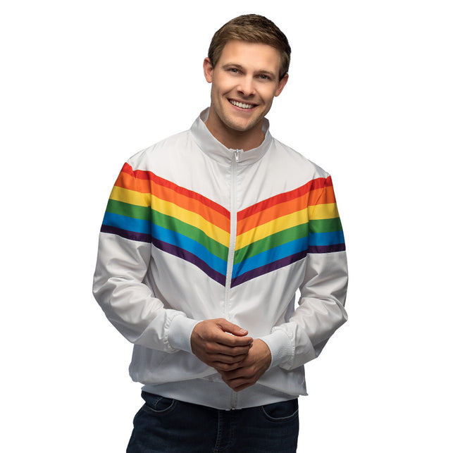 Trainingsjasje Rainbow dude heren, wit met regenboogstrepen over de schouders, voor Pride Party