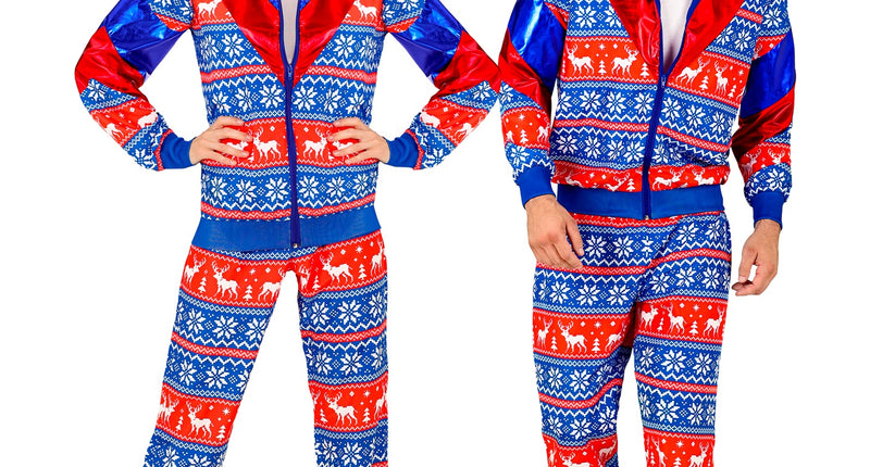 Trainingspak kerst Alvin in blauw, rood en wit met rendierprint, gedragen door een dame en een heer