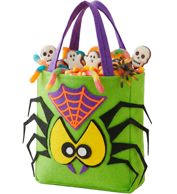 Trick-or-treat tas spin groen met zwarte spinnenpoten en paarse hengsels voor Halloween