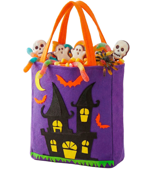 Trick-or-treat tas spookhuis in paars vilt met zwart spookhuis, gele maan en oranje hengsels voor Halloween