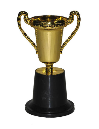 Trofee goud 14 cm met gedraaide oren en zwarte ronde voet, prijsbeker voor een sportfeest