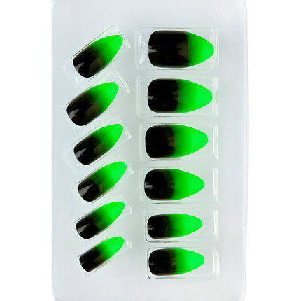 Twaalf stiletto plaknagels met verloop van zwart naar neon groen op tray