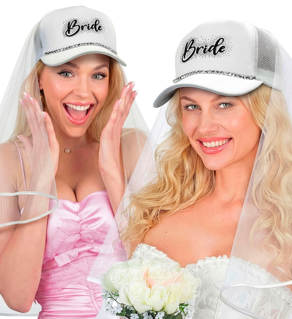 Twee dames met witte bride pet met sluier op een vrijgezellenfeest
