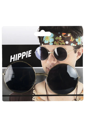 Uilebril goud met extra grote ronde zwarte glazen en dun montuur, op kaart met hippieprint
