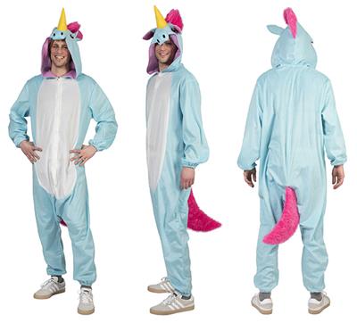 Unicorn pak Blue Berry lichtblauwe jumpsuit met kap, gele hoorn, roze manen en staart voor carnaval