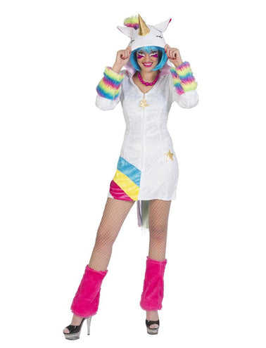 Unicorn regenboog pak Lot dames, witte jurk met eenhoornkap, gouden hoorn en regenboogbont manchetten