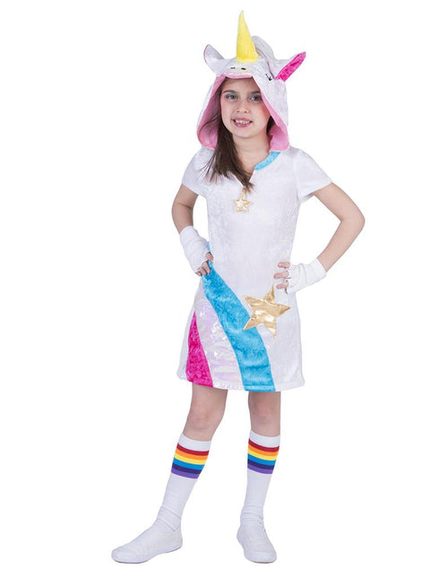 Unicorn Twinkle Light pakje meisje, witte jurk met eenhoornkap, gele hoorn en gouden ster, voor carnaval