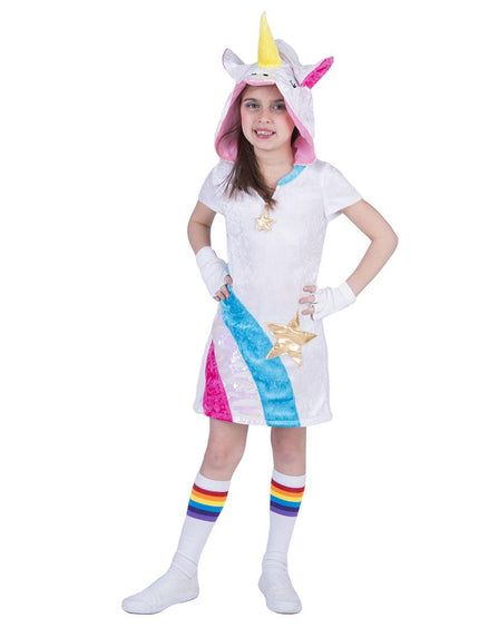 Unicorn Twinkle Light pakje meisje, witte jurk met eenhoornkap, gele hoorn en gouden ster, voor carnaval