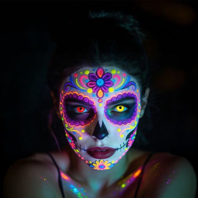 UV Burst contactlenzen rood geel in het donker, oplichtend onder blacklight voor een blacklightfeest
