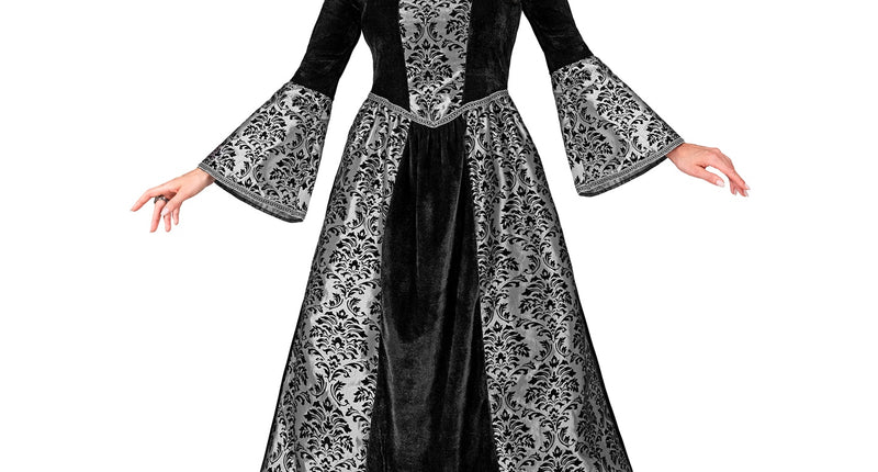 Vampier dame kostuum Julia, lange zwart-zilveren jurk met damastprint en staande kraag voor Halloween