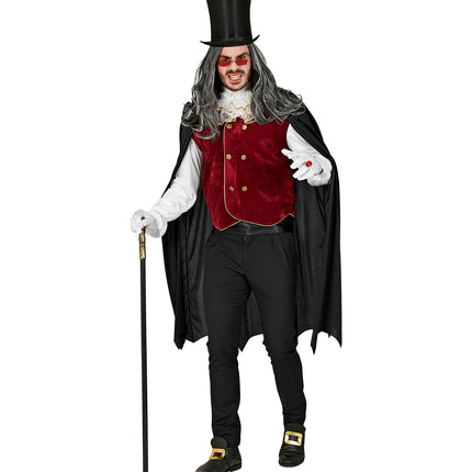 Vampier pak Donny met goudkleurige knopen op het rode vest en witte manchetten, vooraanzicht