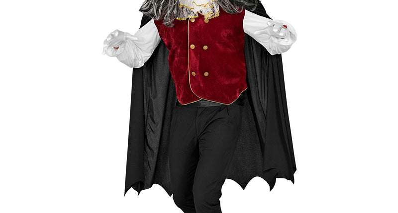 Vampier pak Donny heren met wijnrood vest, witte jabot en zwarte punt cape voor Halloween