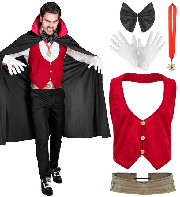 Vampiercape zwart/rood met los rood vest, heupband, zwarte vlinderdas en ketting met medaillon