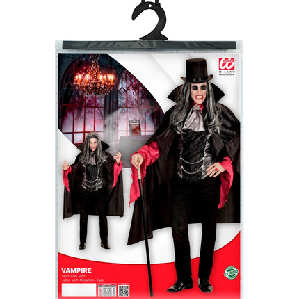 Vampieren pak in verpakking met shirt met vest, jabot met medaillon en cape