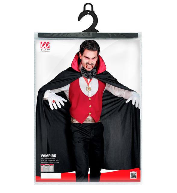 Vampierkostuum met cape in verpakking van Widmann met maattabel M tot XXL