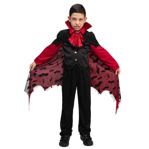Vampierkostuum kind met rode staande kraag, geplooide jabot en zwart vest met goudkleurige knopen